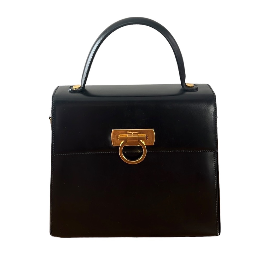 Salvatore Ferragamo Gancini Kelly Top Handle Leather Bag Black